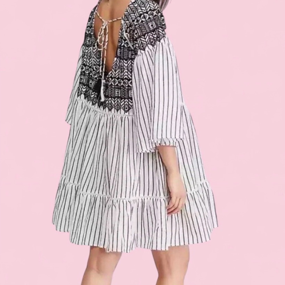 Free People Embroidered Stripe Tie Back Boho Tunic Dress XS